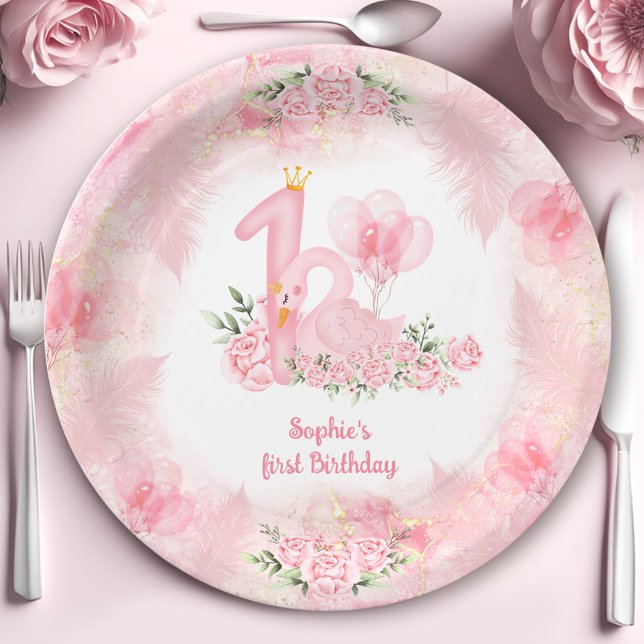 Prato De Papel Primeiro aniversario branco-rosa Rosa cor-de-rosa  (Swan Soft Floral Rose Pink White Girl 1st Birthday Paper Plates)