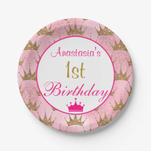 Prato De Papel primeiro aniversario brilhante Dourado de Princesa