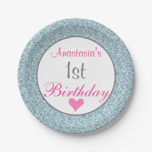 Prato De Papel primeiro aniversario Brilhante Rosa Brilhante e Az