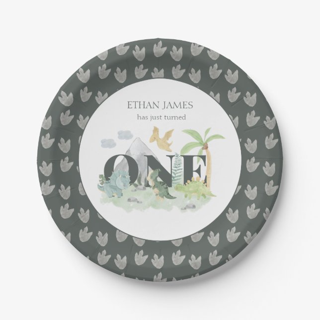 Prato De Papel Primeiro aniversario Cótulo de Cama do Dinossauro  (Frente)