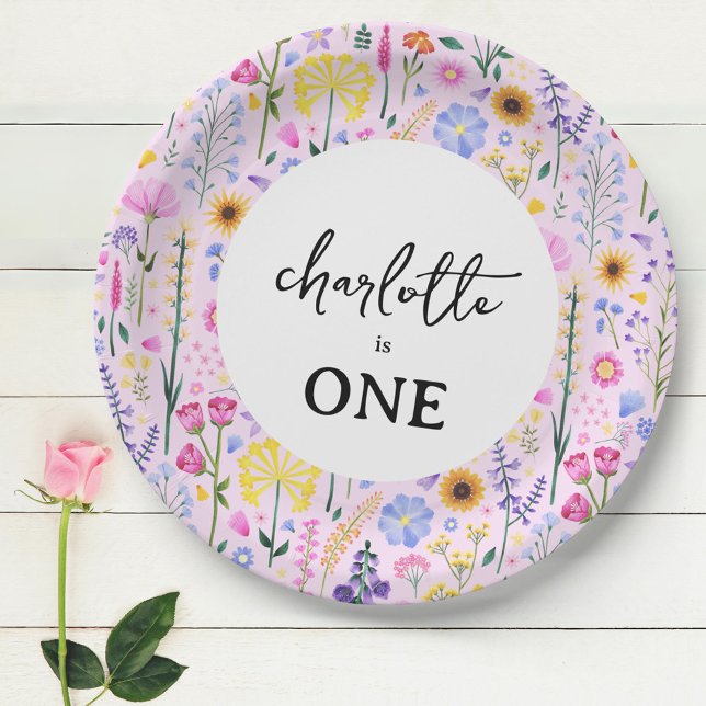 Prato De Papel Primeiro Aniversário da Primavera (Pink Spring Wildflower Girl's First Birthday Paper Plates)