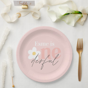 Prato De Papel Primeiro aniversário daisy boho retrô-rosado