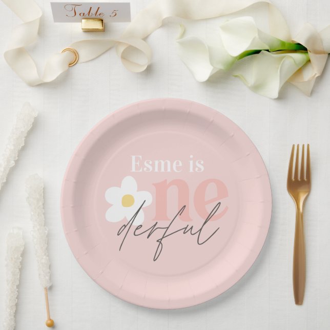 Prato De Papel Primeiro aniversário daisy boho retrô-rosado (Casamento)