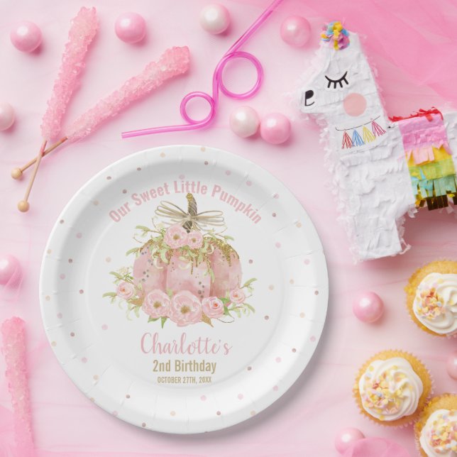 Prato De Papel Primeiro aniversario de Abóbora Rosa Chic (Festa)