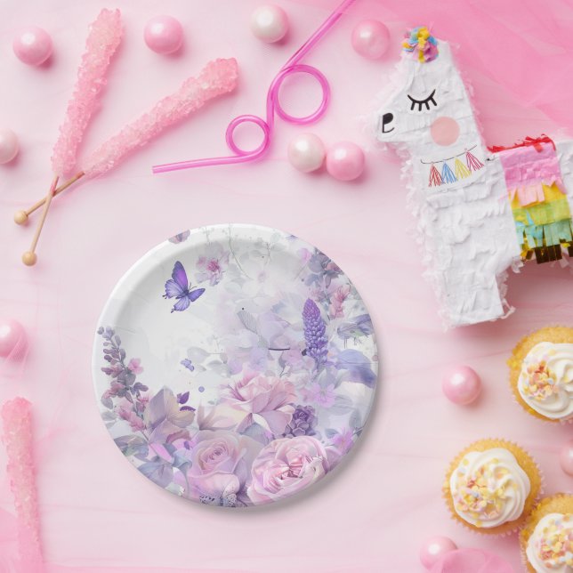 Prato De Papel Primeiro aniversario de borboletas de flores silve (Festa)