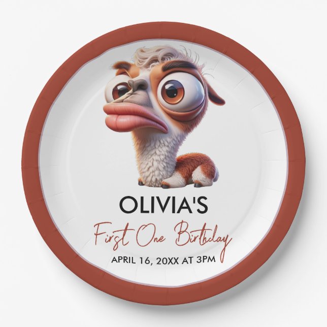 Prato De Papel Primeiro aniversario de Caricatura Engraçado Llama (Frente)