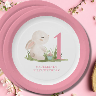 Prato De Papel Primeiro aniversario de coelhinha rosa