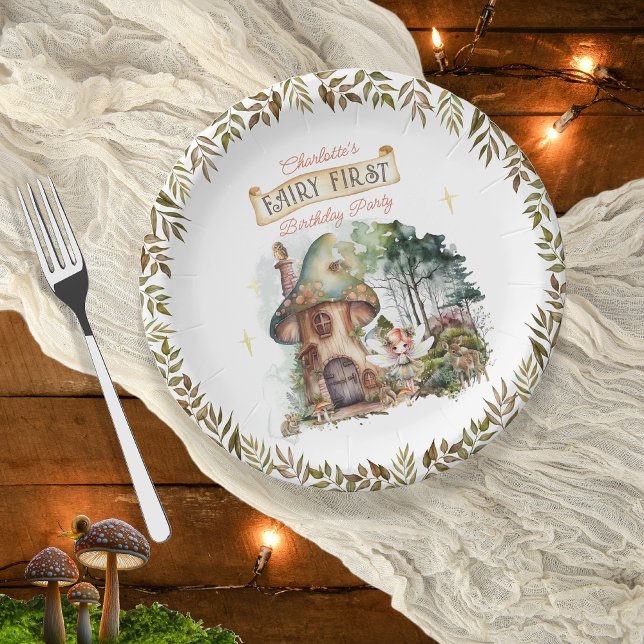 Prato De Papel Primeiro aniversario De Cogumelo De Primeira Madei (Fairy First Woodland Animals Mushrooms Girl's 1st Birthday Party Round Paper Plates)
