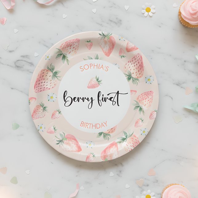 Prato De Papel Primeiro aniversário de criança de morango (Criador carregado)