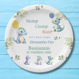 Prato De Papel Primeiro aniversario de Dinossauro Azul, Garoto Bo