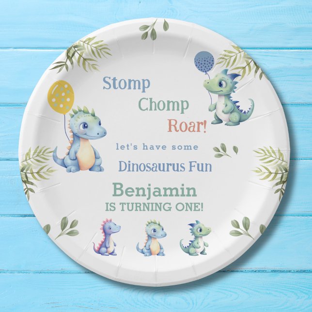 Prato De Papel Primeiro aniversario de Dinossauro Azul, Garoto Bo (Criador carregado)