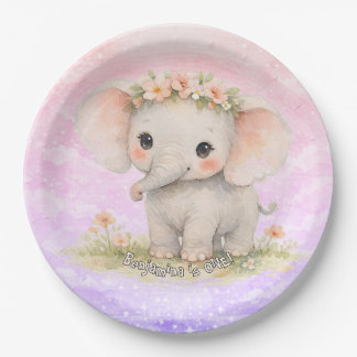 Prato De Papel Primeiro Aniversário de Elefante Arco-Íris Rosa Pa