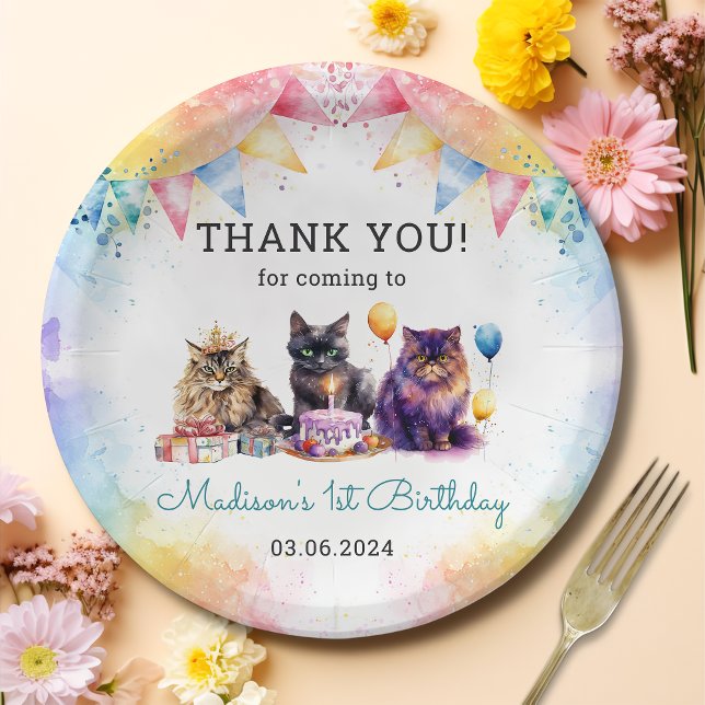 Prato De Papel Primeiro aniversario de Gato de Gatinho Cinto de Á (Criador carregado)