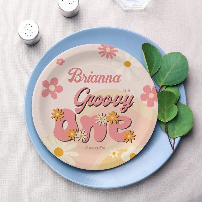 Prato De Papel Primeiro aniversario de margarida retrô impresso (Groovy one retro vibes daisy 1st birthday party printed paper plates personalized tableware decor)