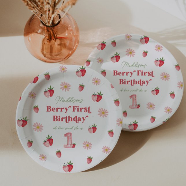 Prato De Papel Primeiro Aniversário de Morango Rosa e Vermelho (Berry First Birthday Paper Plates)