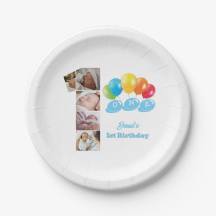 Prato De Papel Primeiro aniversario de Nome do Menino Número Um d