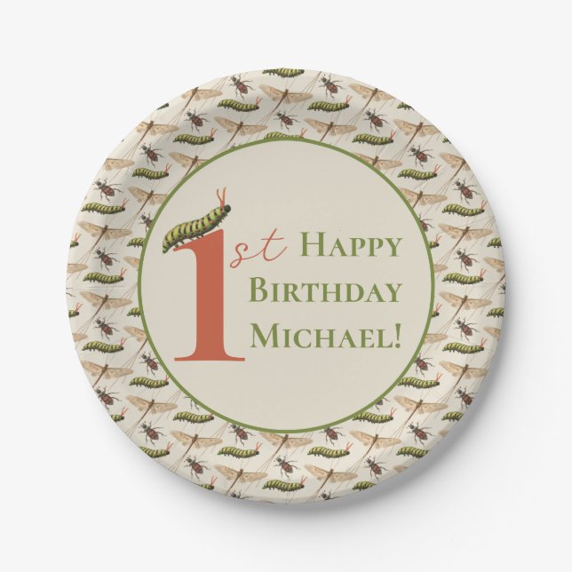 Prato De Papel Primeiro aniversario de Nome Personalizado do Inse (Frente)