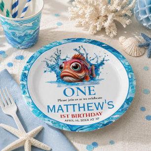 Prato De Papel Primeiro aniversario de Peixe Azul de Água Cura