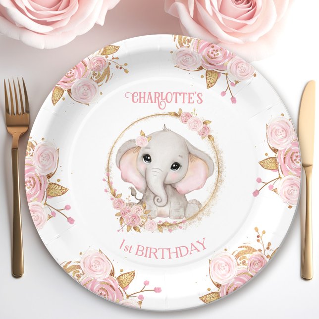 Prato De Papel Primeiro aniversario de Rosas Florais Brancos Elef (Elephant Pink White Floral Roses 1st Birthday Paper Plates)