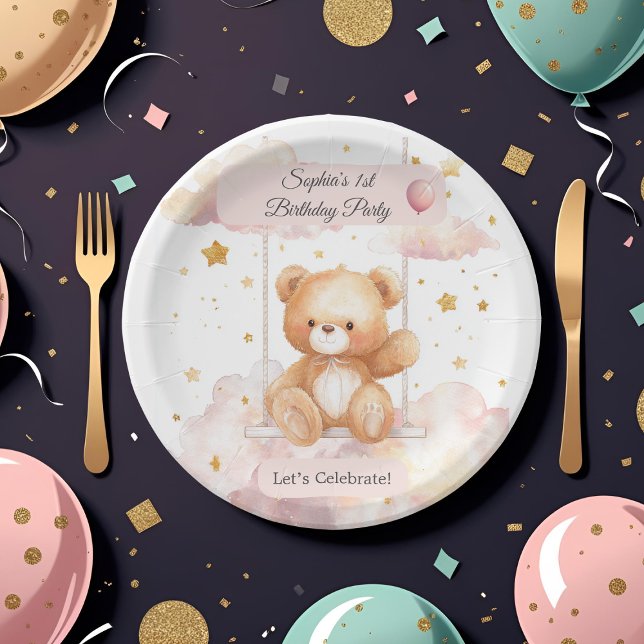 Prato De Papel Primeiro aniversario de Urso de Teddy Adorável - P (Criador carregado)