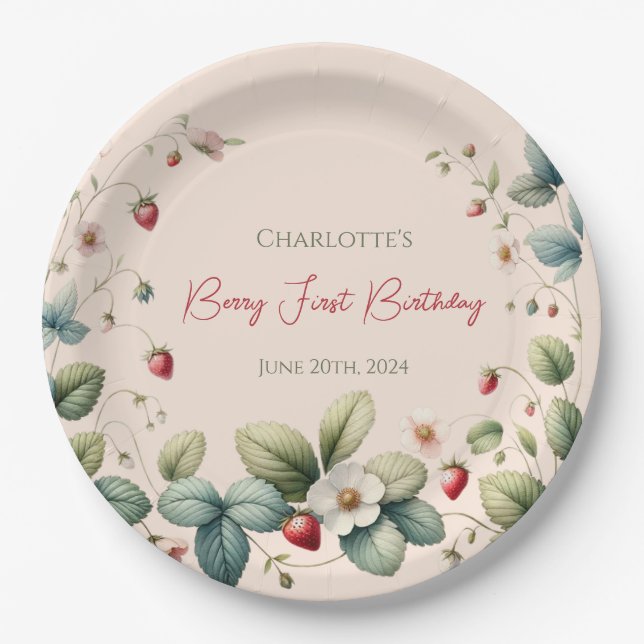 Prato De Papel Primeiro Aniversário do Berry Personalizado Rosa (Frente)