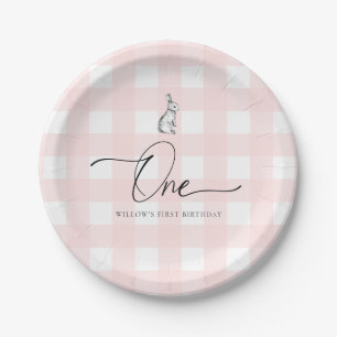 Prato De Papel Primeiro Aniversário do Coelho Coelho Rosa Gingham