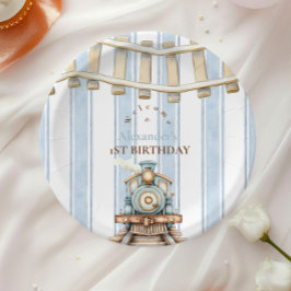 Prato De Papel Primeiro aniversario do comboio com aquarela azul