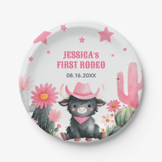 Prato De Papel Primeiro Aniversário do Rodeo Highland Cow Western (Frente)
