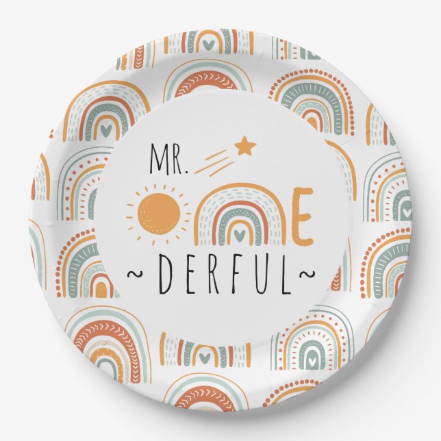 Prato De Papel Primeiro Aniversário do Sr. Oneince Boho Rainbow (Frente)