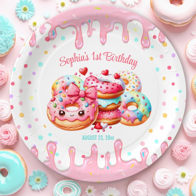 Prato De Papel primeiro aniversario doce, uma Rosquinha rosa bran (1st Birthday Sweet One Cute Donut Pink Girl Paper Plates)