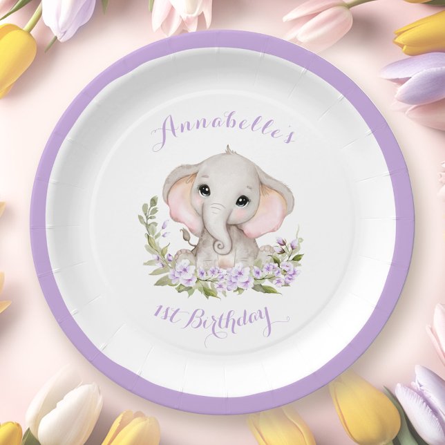 Prato De Papel Primeiro aniversario Elefante (Elephant 1st Birthday Girl Floral Purple Spring Paper Plates)