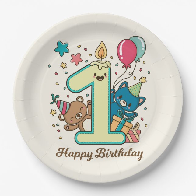 Prato De Papel Primeiro aniversario Feliz (Frente)