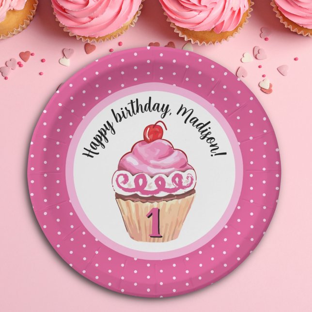 Prato De Papel Primeiro aniversario Feliz Cupcake Rosa Rosa Bonit (Criador carregado)