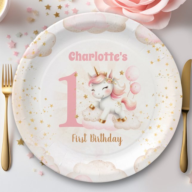 Prato De Papel Primeiro aniversario Feliz da Unicórica Rosa (Pink Cute Happy Unicorn Girl 1st Birthday Paper Plates)