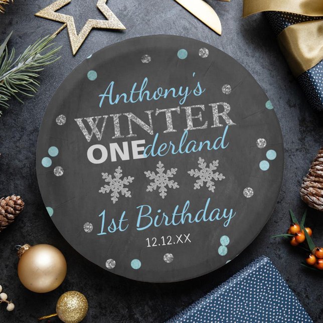 Prato De Papel Primeiro aniversario Inverno ONEderland Chalkboard (Criador carregado)