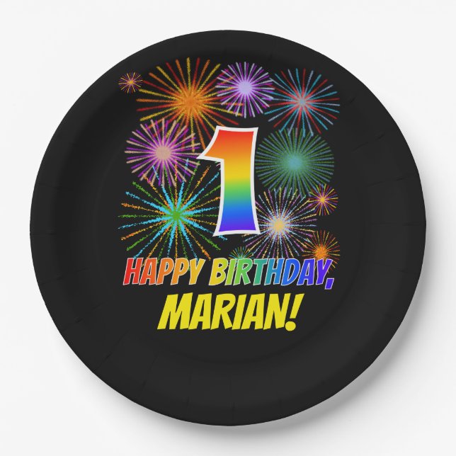 Prato De Papel primeiro aniversario: Padrão de fogos de artifício (Frente)