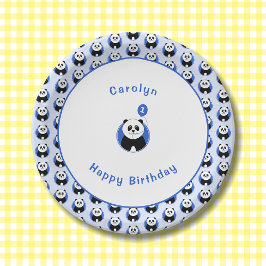 Prato De Papel primeiro aniversario panda padrão azul