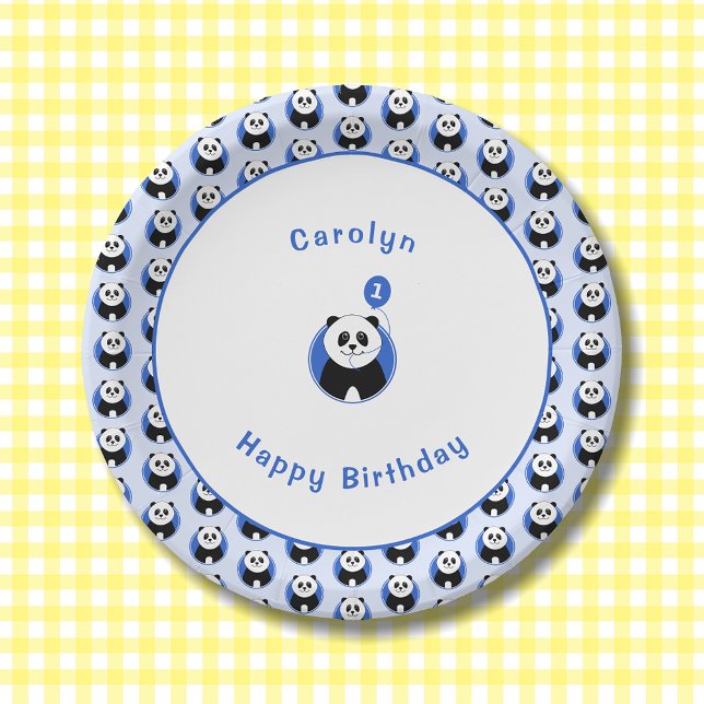 Prato De Papel primeiro aniversario panda padrão azul (Criador carregado)
