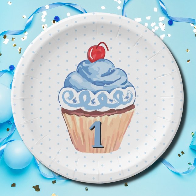 Prato De Papel primeiro aniversario Party Cupcake Boys Blue (Criador carregado)