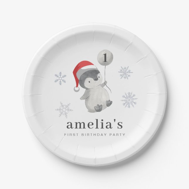 Prato De Papel Primeiro aniversario Penguin Balloon (Frente)