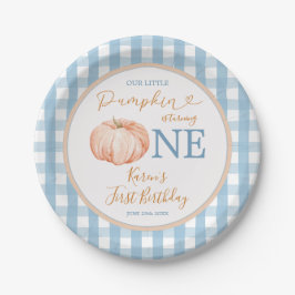 Prato De Papel Primeiro aniversario Pumpkin Boho Blue Gingham