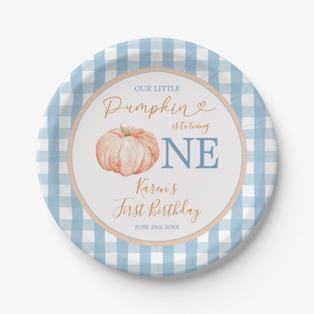 Prato De Papel Primeiro aniversario Pumpkin Boho Blue Gingham (Frente)