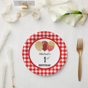 Prato De Papel Primeiro aniversario Red Gingham & Balloons
