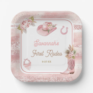 Prato De Papel Primeiro aniversario Rosa Boho Primeiro Rodeio
