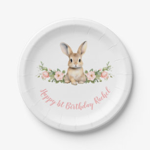 Prato De Papel Primeiro aniversario Rosa Floral Bunny Girl