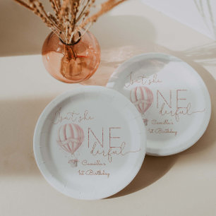 Prato De Papel Primeiro aniversario Rosa Hot Air Ballon