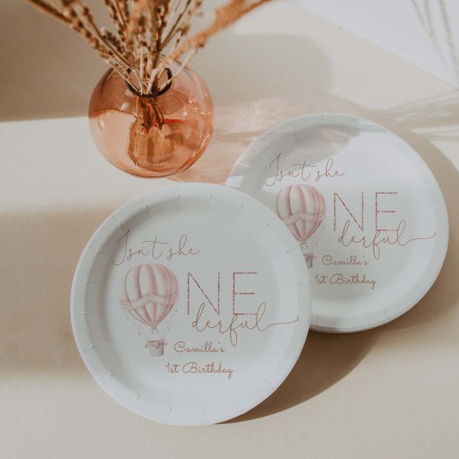 Prato De Papel Primeiro aniversario Rosa Hot Air Ballon (Criador carregado)
