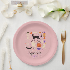 Prato De Papel Primeiro aniversario Rosa Spooky One Halloween Mot