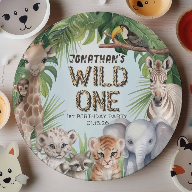 Prato De Papel Primeiro aniversario selvagem azul de uma selva (WIld one safari jungle animals, boy 1st birthday paper plate)