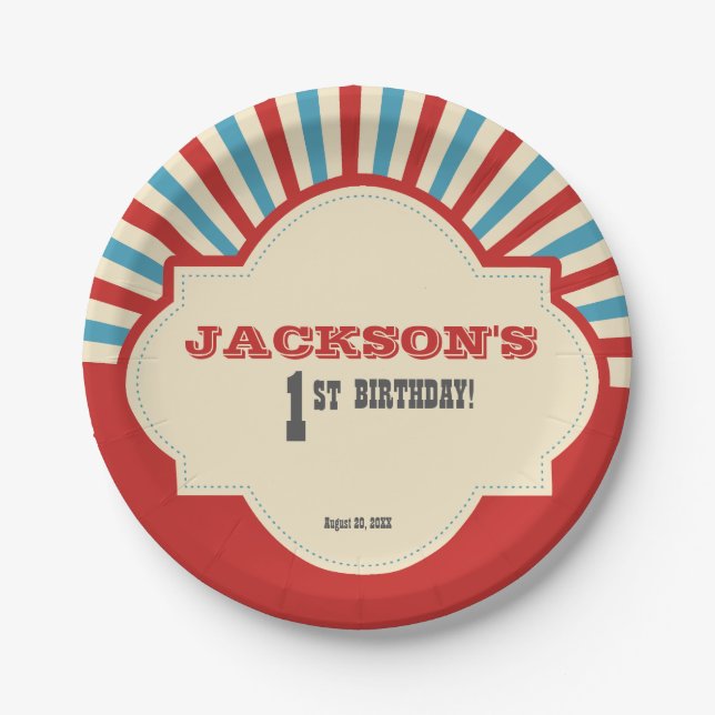 Prato De Papel Primeiro aniversario temático do circo azul (Frente)